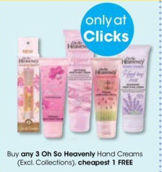 Buy any 3 Oh So Heavenly Hand Creams (Excl. Collections), cheapest 1 FREE offer at Clicks