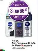 Dis-Chem Nivea anti-perspirant roll-on for men or women assorted-for 1 x 50ml offer