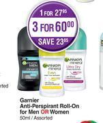 Dis-Chem Garnier anti-perspirant roll-on for men or women assorted-for 1 x 50ml offer