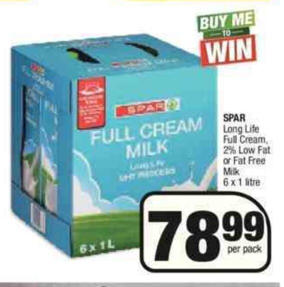 Spar Long Life Full Cream 2 Low Fat or Fat Free Milk 6x1L offer at Spar
