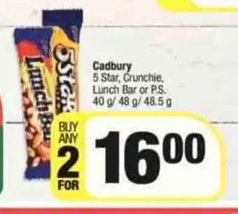 Spar Cadbury 5 Star, Crunchie, Lunch Bar or P.S 40g/48g/48.5g offer