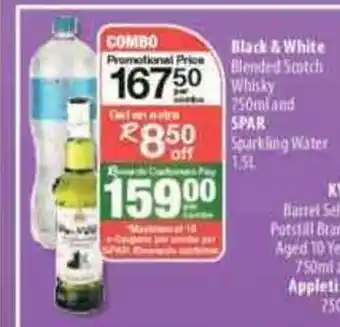 Spar Black & White Blended Scotch Whiskey 750ml and Spar Sparkling Water 1.5L: offer