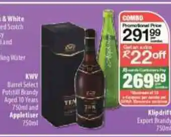 Spar KWV Barrel Select Potstill Brandy Aged 10 years 750ml and Appletiser 750ml offer
