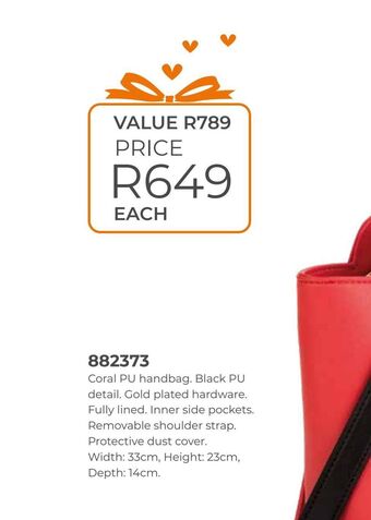 Coral pu handbag. black pu detail.