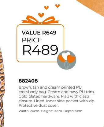 Brown tan and cream printed pu crossbody bag.