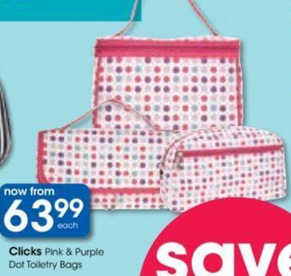 Clicks Pink & Purple Dot Toiletry Bags offer at Clicks