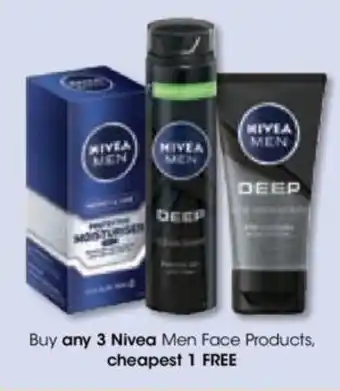 Clicks Buy any 3 Nivea Men Face Products, cheapest 1 FREE offer