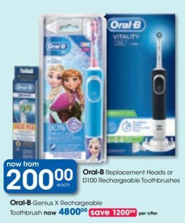 OralB Replacement Heads or D100 Rechargeable Toothbrushes offer at Clicks