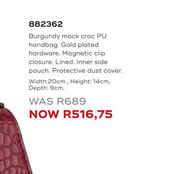 Honey Fashion Accessories Burgundy mock croc pu handbag offer