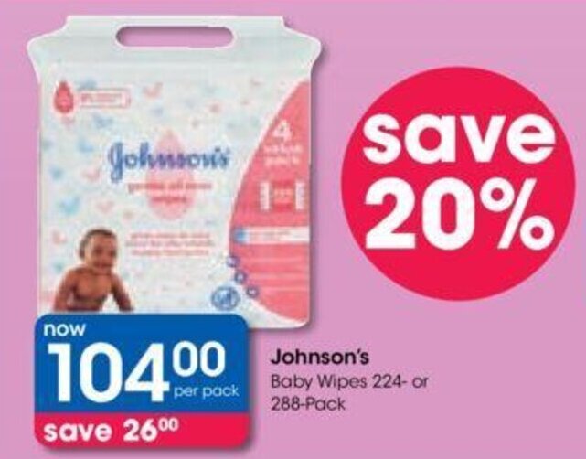 Johnson's Baby Wipes 224 or 288Pack offer at Clicks