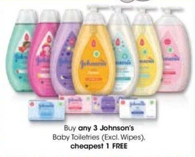 Buy any 3 Johnson's Baby Toiletries (Excl. Wipes), cheapest 1 FREE offer at Clicks