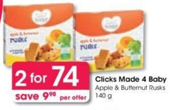 Clicks Clicks Made 4 Baby Apple & Butternut Rusks 140g offer