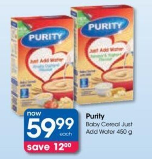 Purity Baby Cereal Just Add Water 450 g offer at Clicks