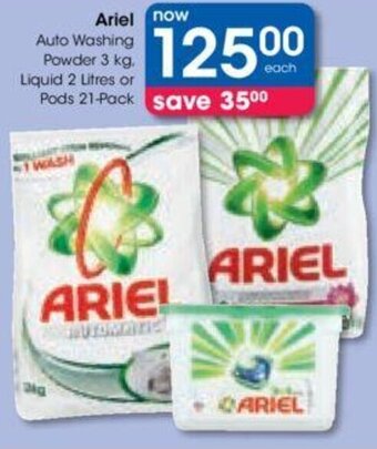 Clicks Ariel Auto Washing Powder 3 kg, Liquid 2 Litres or Pods 21-Pack offer