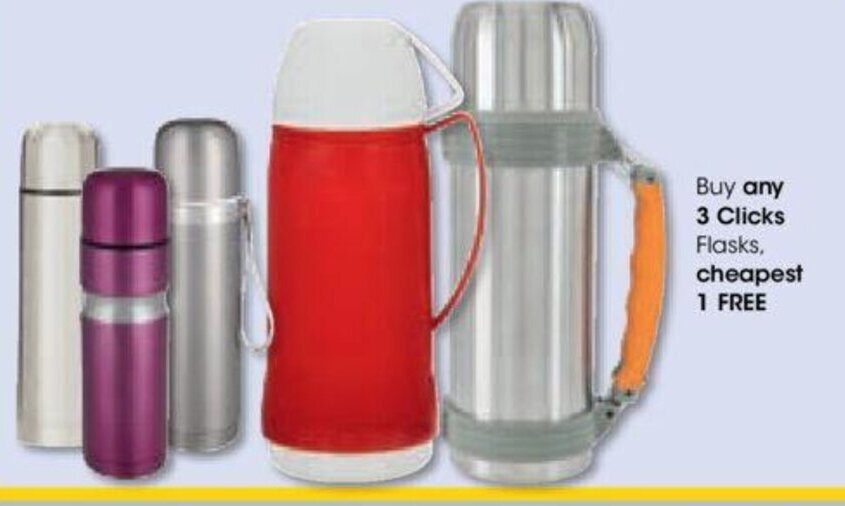 Buy any 3 Clicks Flasks, cheapest 1 FREE offer at Clicks