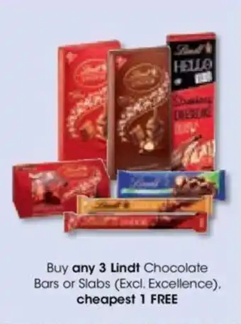 Clicks Buy any 3 Lindt Chocolate Bars or Slabs (Excl. Excellence). cheapest 1 FREE offer