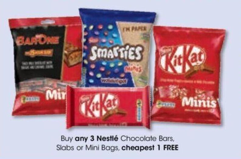 Buy any 3 Nestlé Chocolate Bars, Slabs or Mini Bags, cheapest 1 FREE