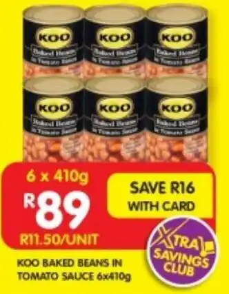 Shoprite KOO BAKED BEANS IN TOMATO SAUCE 6x410g offer