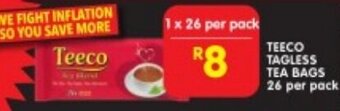 Shoprite TEECO TAGLESS TEA BAGS 26 per pack offer