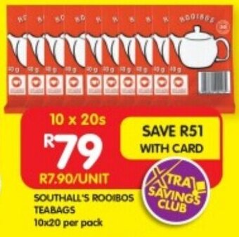 Shoprite SOUTHALL'S ROOIBOS TEABAGS 10x20 per pack offer