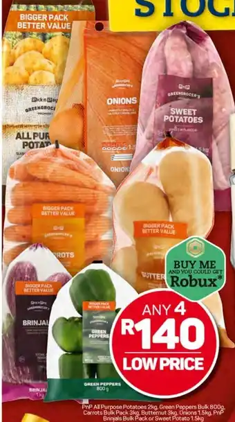 Pick n Pay PnP All Purpose Potatoes 2kg, Green Peppers Bulk 800g, Carrots Bulk Pack 3kg, Butternut 3kg, Onions 1.5kg offer