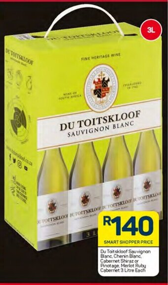 Pick n Pay Du Toitskloof Sauvignon Blanc, Chenin Blanc, Cabernet Shiraz or Pinotage, Merlot Ruby Cabernet 3 Litre Each offer