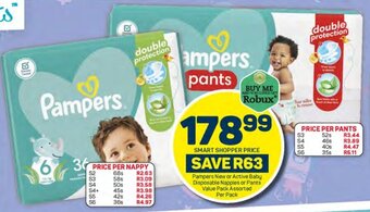 Pick n Pay Pampers New or Active Baby Disposable Nappies or Pants Value Pack Assorted Per Pack offer
