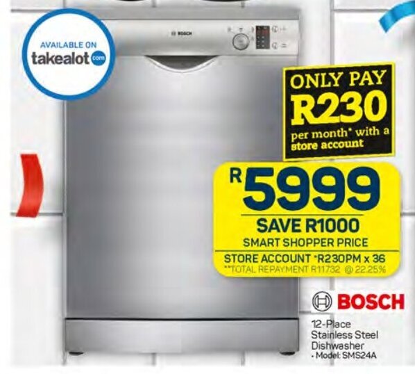 BOSCH 12Place Stainless Steel Dishwasher Model SMS24A offer at Pick