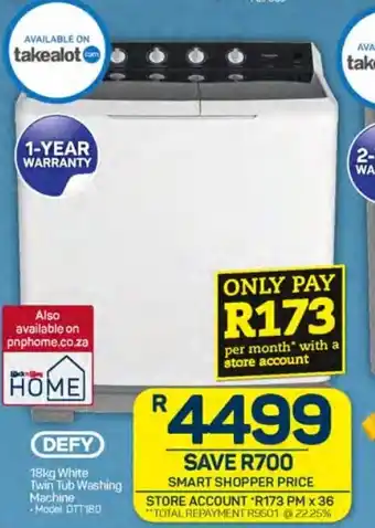 Pick n Pay DEFY 18kg White Twin Tub Washing Machine -Model: DTT 180 offer