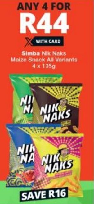 Simba Nik Naks Maize Snack All Variants 4 x 135g
