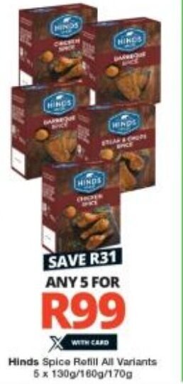Checkers Hinds Spice Refill All Variants 5 x 130g/100g/170g offer