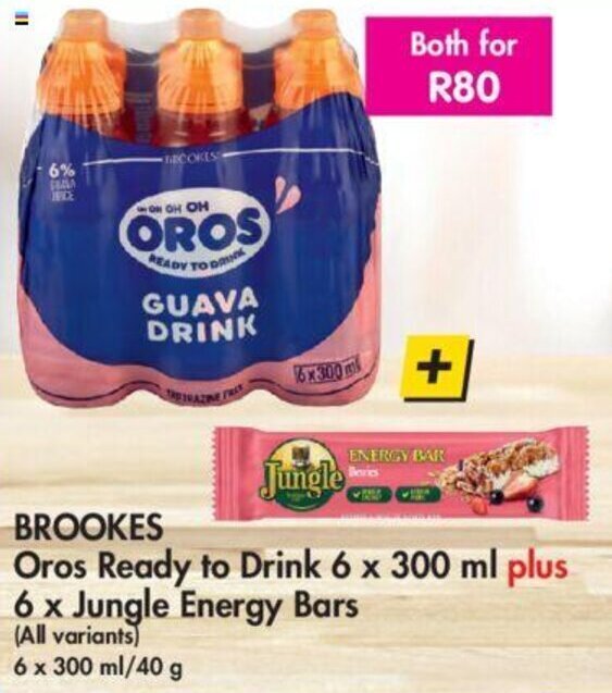 BROOKES Oros Ready to Drink 6 x 300 ml plus 6 x Jungle Energy Bars