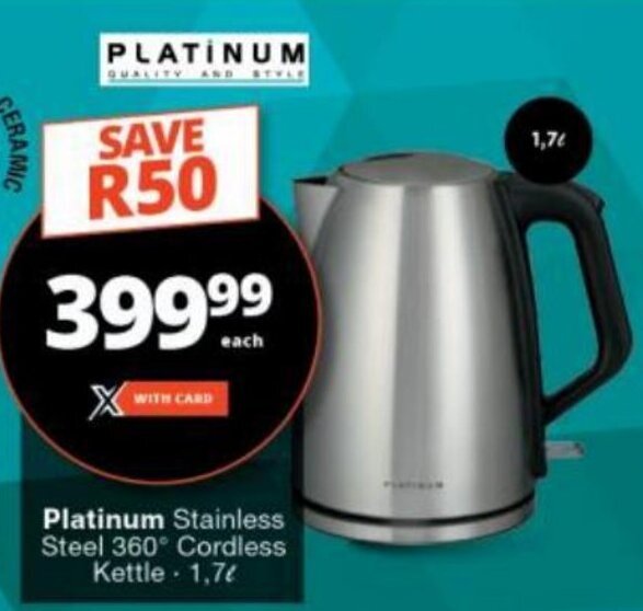 Platinum Stainless Steel 360° Cordless Kettle 1,7L offer at Checkers