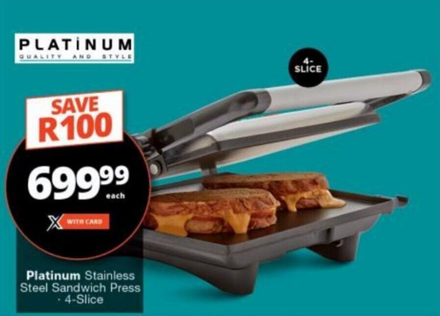 Platinum Stainless Steel Sandwich Press +4Slice offer at Checkers