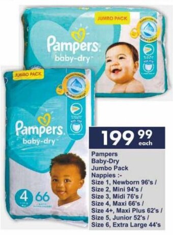 President Hyper Pampers Baby-Dry Jumbo Pack Nappies :- Size 1, Newborn 96's / Size 2, Mini 94's / Size 3, Midi 76's / Size 4, Maxi 66's / offer