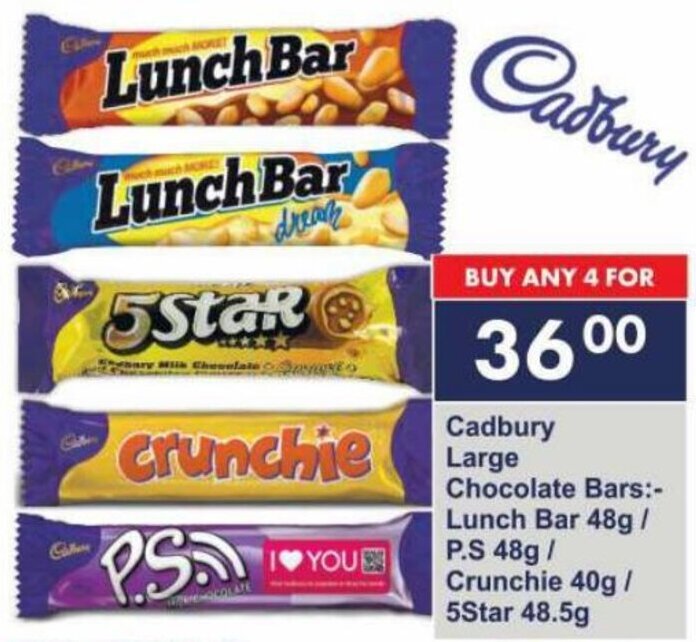 Cadbury Large Chocolate BarsLunch Bar 48g / P.S 48g/ Crunchie 40g