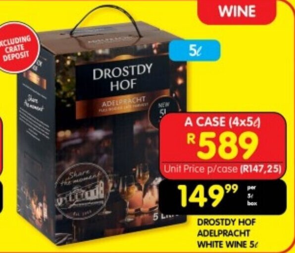 DROSTDY HOF ADELPRACHT WHITE WINE 5L offer at Shoprite