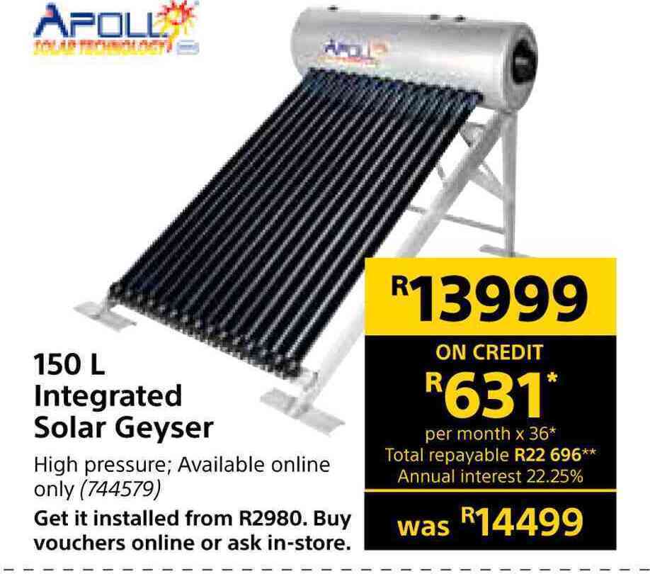 Apoll 150l integrated solar geyser offer at Builders Warehouse