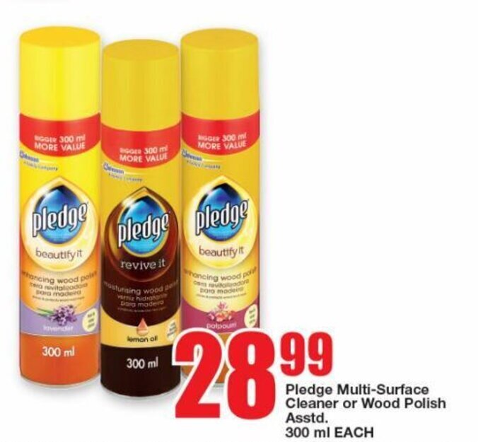 Pledge MultiSurface Cleaner or Wood Polish Asstd. 300 ml EACH offer at