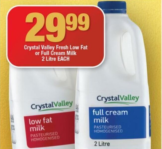 Crystal Valley Fresh Low Fat or Full Cream Milk 2 Litre EACH offer at