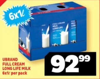 Usave UBRAND FULL CREAM LONG LIFE MILK 6x1L per pack offer