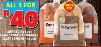 Usave CARROTS 1kg bag + CLASS 1 POTATOES 1kg bag + CLASS 1 ONIONS 1kg bag offer