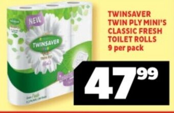 Usave TWINSAVER TWIN PLY MINI'S CLASSIC FRESH TOILET ROLLS 9 per pack offer