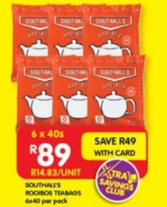 Shoprite SOUTHALL'S ROOIBOS TEABAGS 6x40 per pack offer
