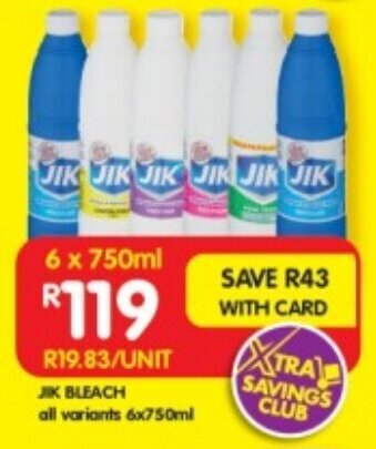 Shoprite JIK BLEACH all variants 6x750ml offer