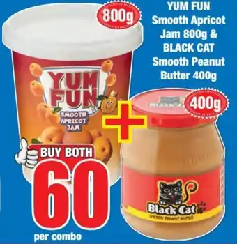 Boxer YUM FUN Smooth Apricot Jam 800g & BLACK CAT Smooth Peanut Butter 400g offer