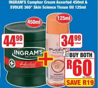 Boxer INGRAM'S Camphor Cream Assorted 450ml & EVOLVE 360° Skin Science Tissue Oil 125ml offer