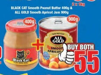 Boxer Black Cat Smooth Peanut Butter 400g & All Gold Smooth Apricot Jam 900g offer