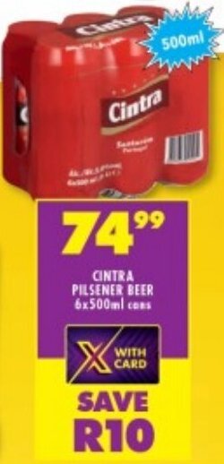 Shoprite CINTRA PILSENER BEER 6x500ml cans offer