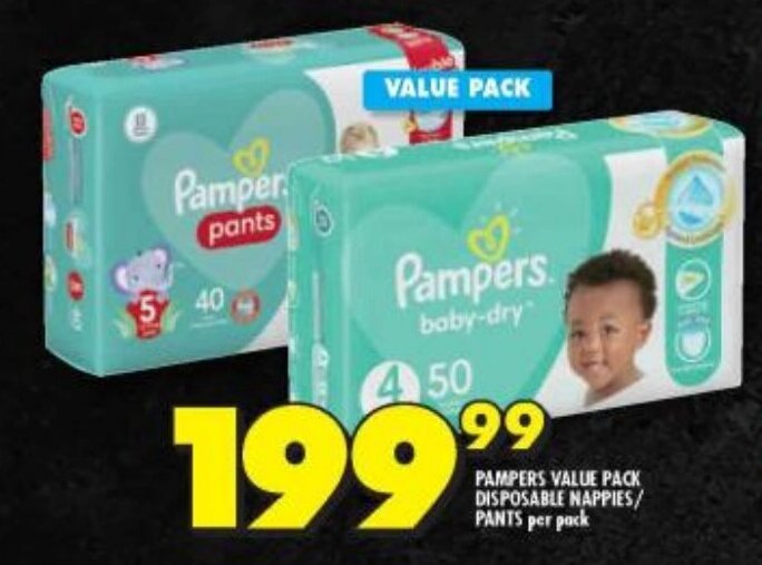 PAMPERS VALUE PACK DISPOSABLE NAPPIES/ PANTS per pack offer at Shoprite